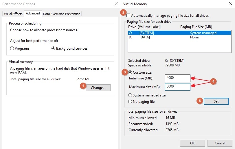 Cửa sổ Virtual Memory hiển thị tùy chọn cấu hình page file, với các giá trị Min và Max được thiết lập.